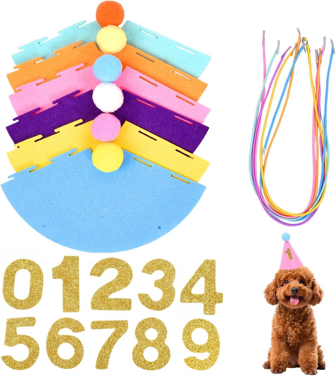 6 stuks doe-het-zelf verjaardagshoedjes voor huisdieren met cijfers 0-9, mini-feesthoeden voor katten en honden - ShopVlot