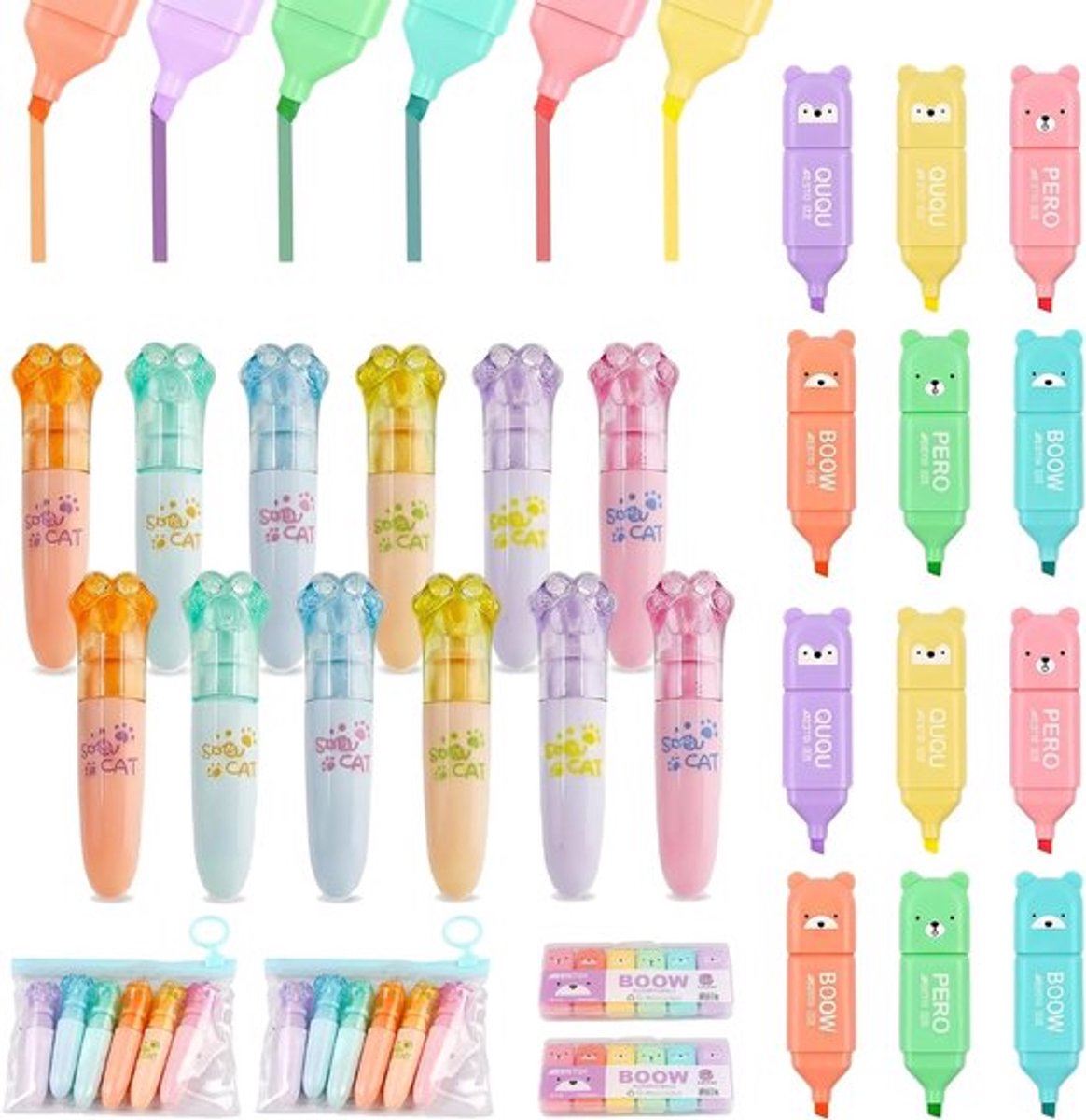 SnelShoppen - 24 Stuks Macarons Mini-Markeerstiften | Schattige Mini Markeerstiften voor School, Feestjes, 6 Kleuren, Beertje en Kattenpootje, Duurzam