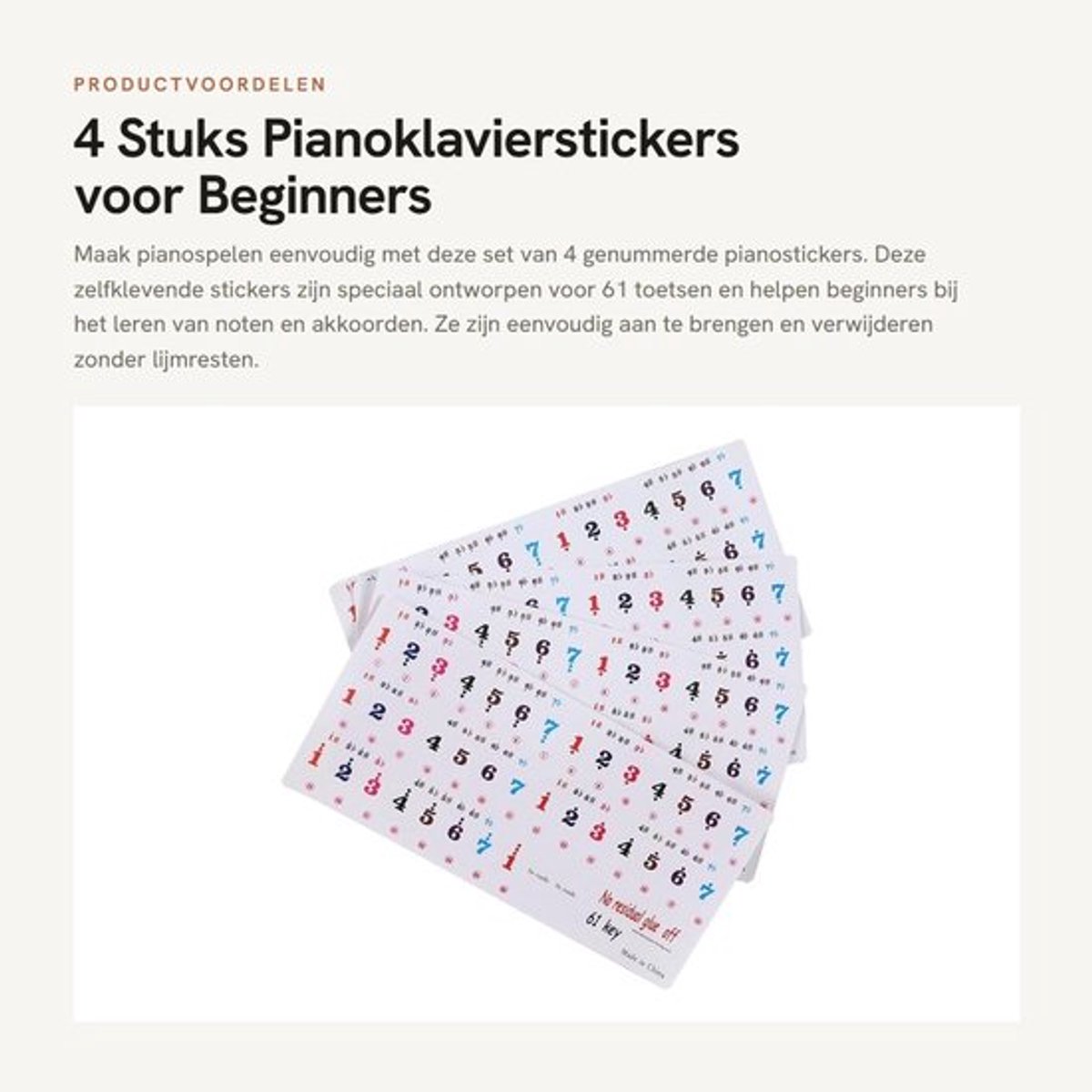 Pianostickers 4 Stuks - Genummerde Stickers - Verwijderbaar - Zelfklevend - Geschikt voor 61 Toetsen - Eenvoudig te Plakken - Pianotoetsstickers