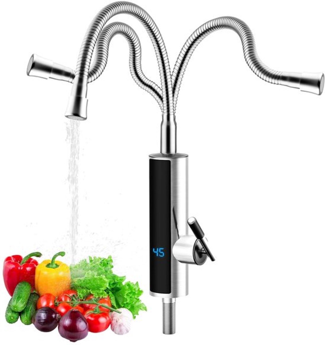 3000 W elektrische waterkraan, doorstroomboiler, led-temperatuurweergave, 360 graden draaibaar, keukenkraan, 304 roestvrij stalen kraan, voor keuken, badkamer, caravan, camping (zilver)
