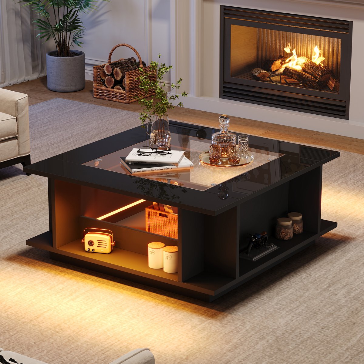 Couchtafel 70x70x30 cm - Vierkante Salontafel Met Glasplaat, LED Verlichting En Opbergruimte Zwart