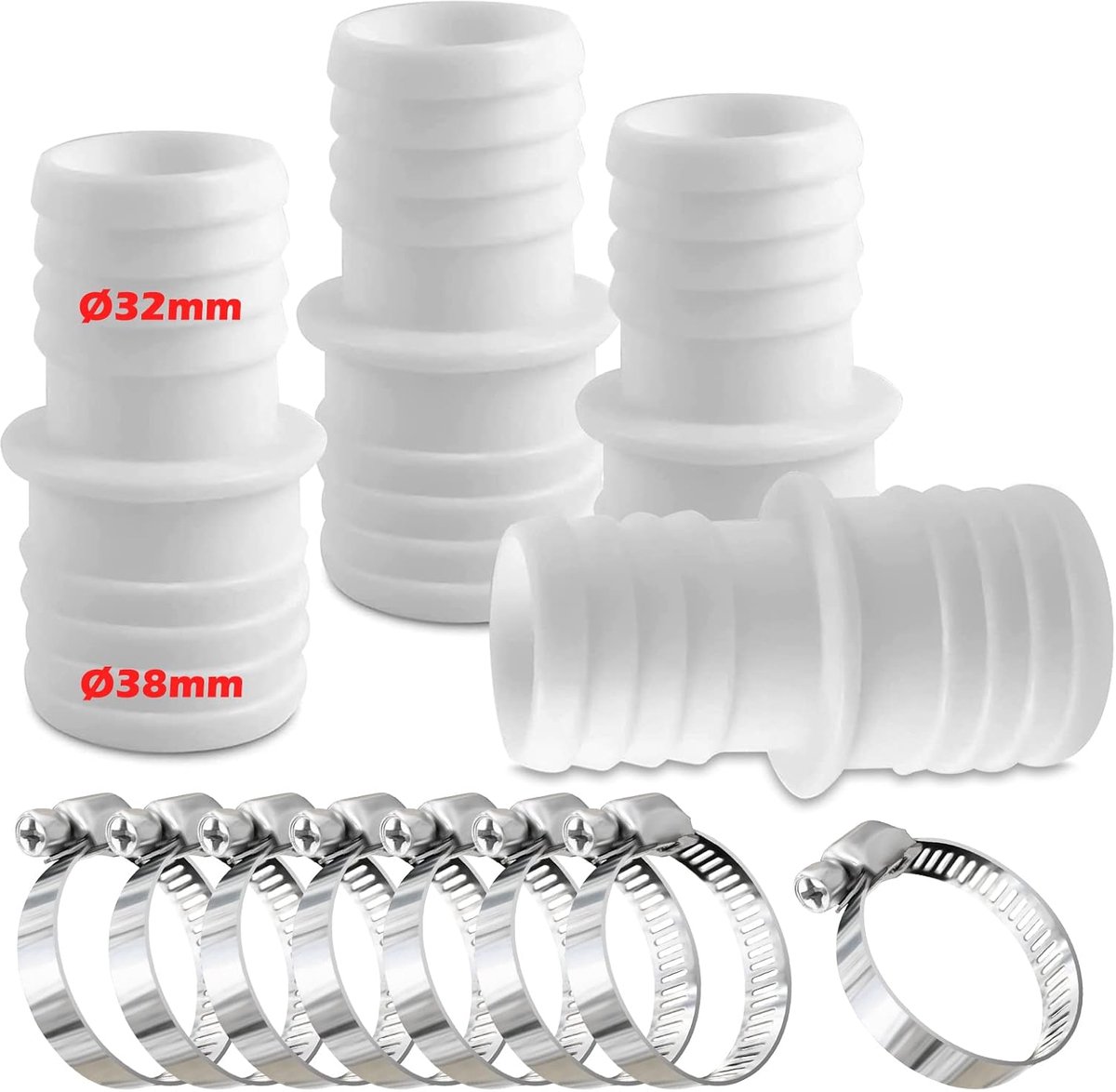 Hose connectors 32 mm - 38 mm Ø set - met klemmen - voor zwembadslangen - ShopVlot