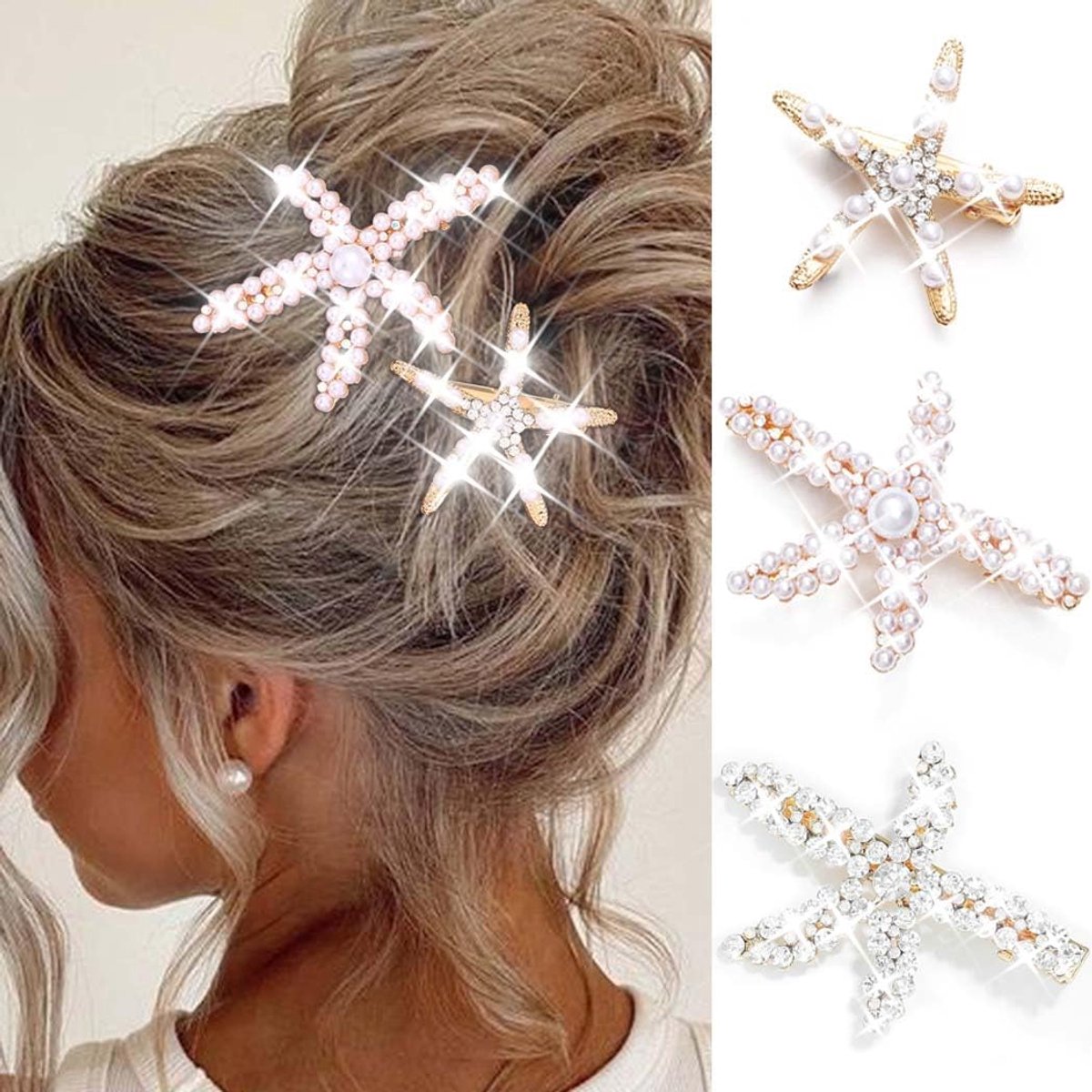 Haarspelden zeester 3-delig - parel en rhinestone - elegant voor elke gelegenheid - ShopVlot