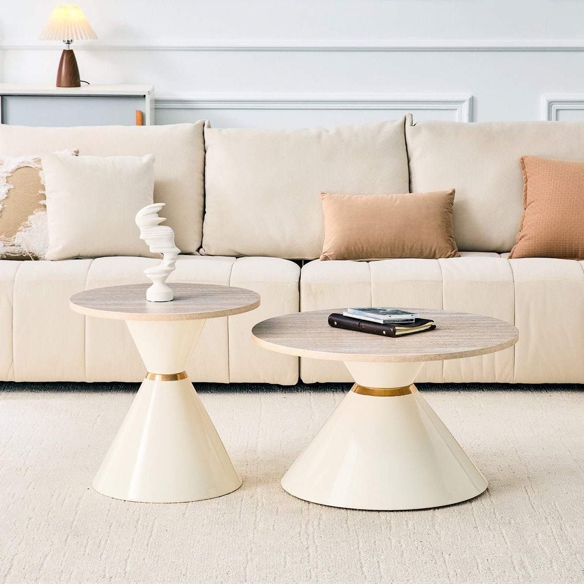 2-delig Nesting Couchtisch Set - Tafels Met Travertin Look En Goudaccenten - Metaal Crèmewit