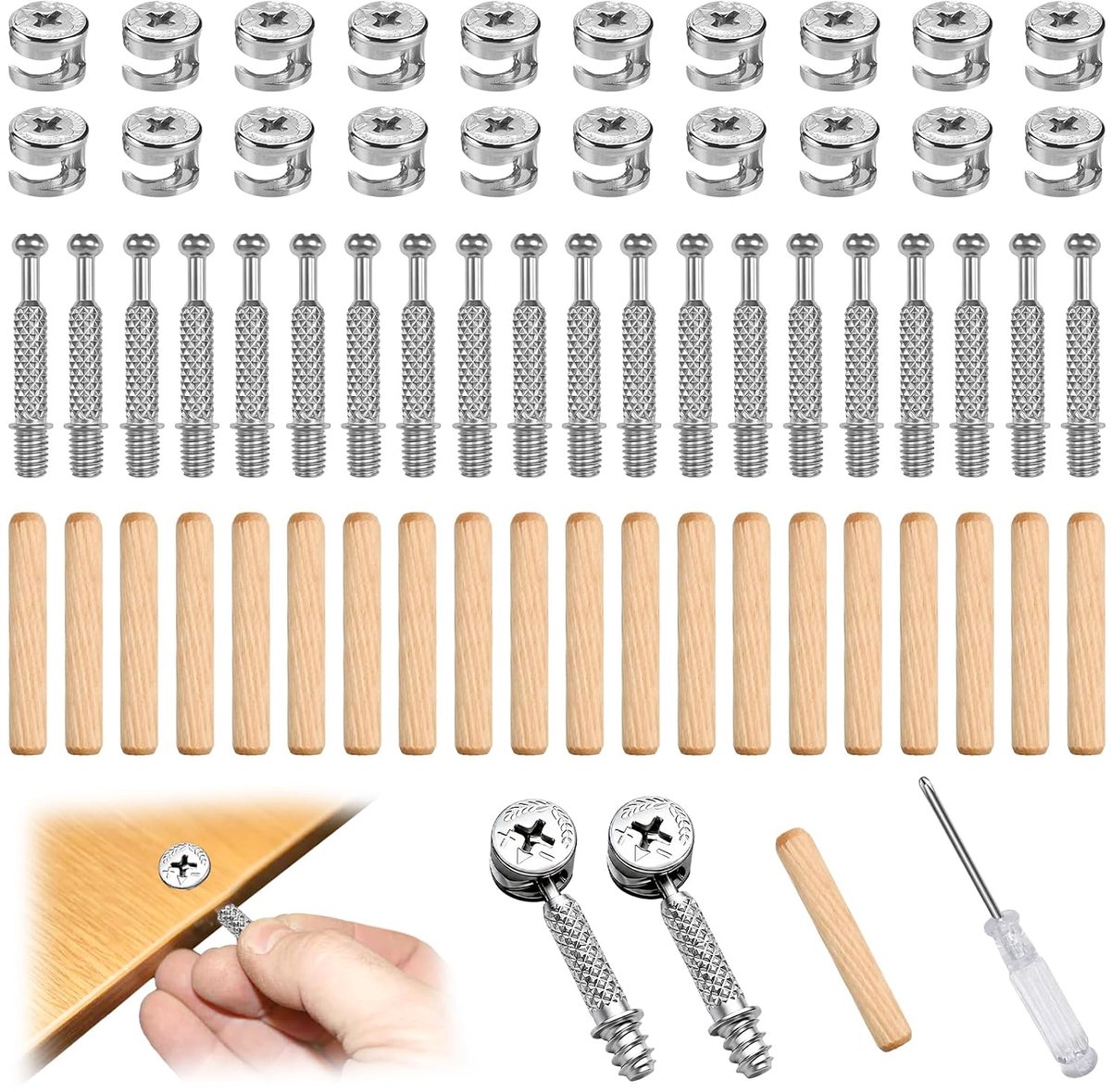 Set of 80 Eccentric Furniture Connectors with Eccentric Lugs of Ø15mm, M6 Mounting Screws, Wooden Plugs Ø8mm and a - ShopVlot