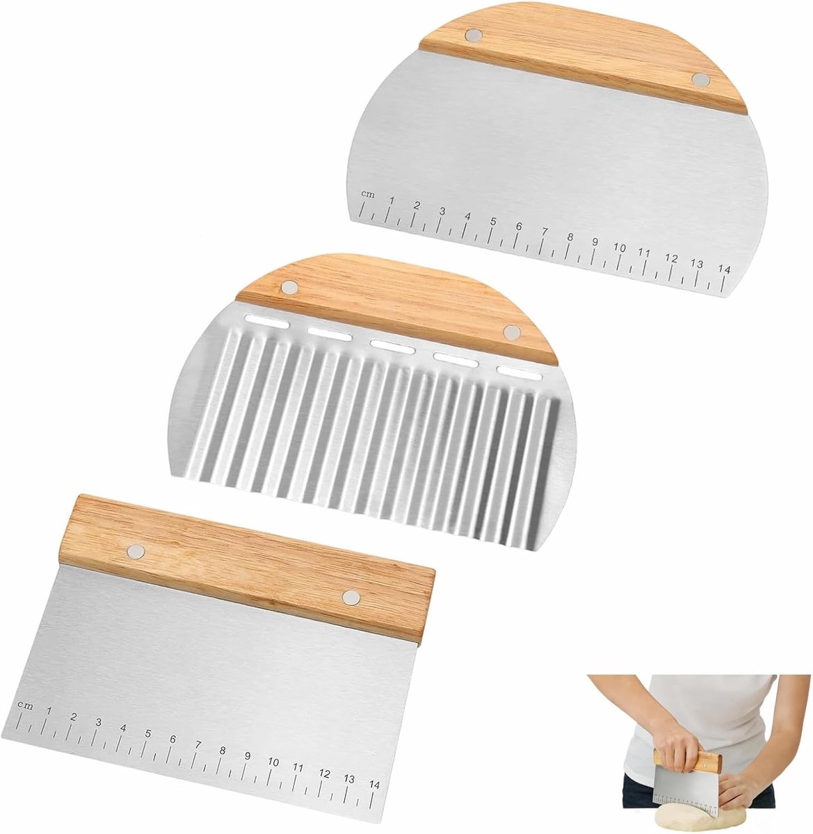 3 stuks deegschrapers, roestvrij staal, deegsnijder met houten handvat en meetschaal, professionele deegkaart voor - ShopVlot