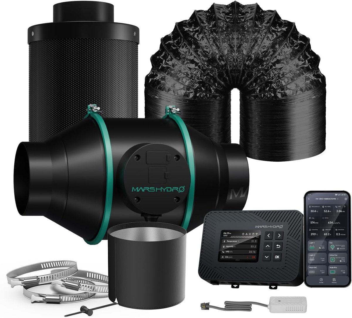 MARS HYDRO 4 Inch Inline Fan Combo 205CFM with Digital Controller, Carbon Filter and 25 Feet Channel, Exhaust Fan for - ShopVlot