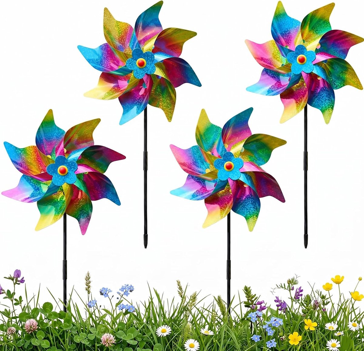 4 achthoekige windmolens, regenboog, 24 cm, reflecterende vogelafweer, milieuvriendelijke verzaaders voor tuin - ShopVlot