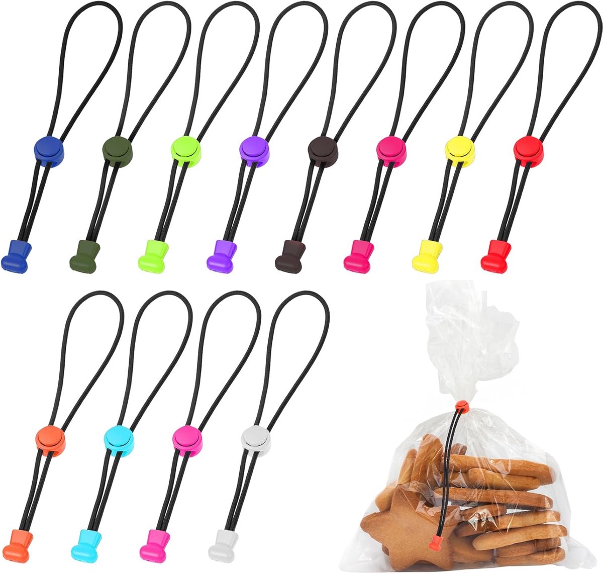 Pack of 12 Lock Clips for Bags, 12 Colours, Adjustable Pocket Clips with 21 cm Length, Robust and Reusable for Freezer - ShopVlot