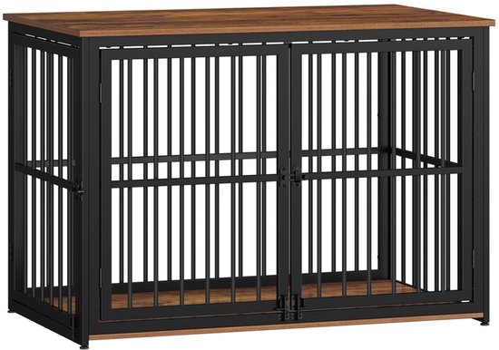 Gesloten houten hondenbench met zwart metalen frame en dubbele deuren.