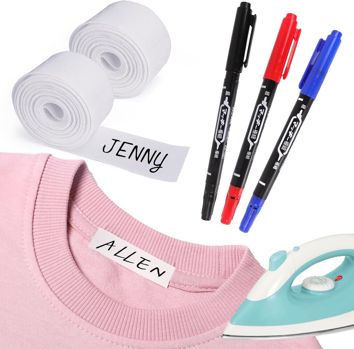 Clothing Name Tags, 4 m x 1.8 cm, Ironing Labels with 3 Coloured Pens, Name Tags, Personalised Labels - ShopVlot
