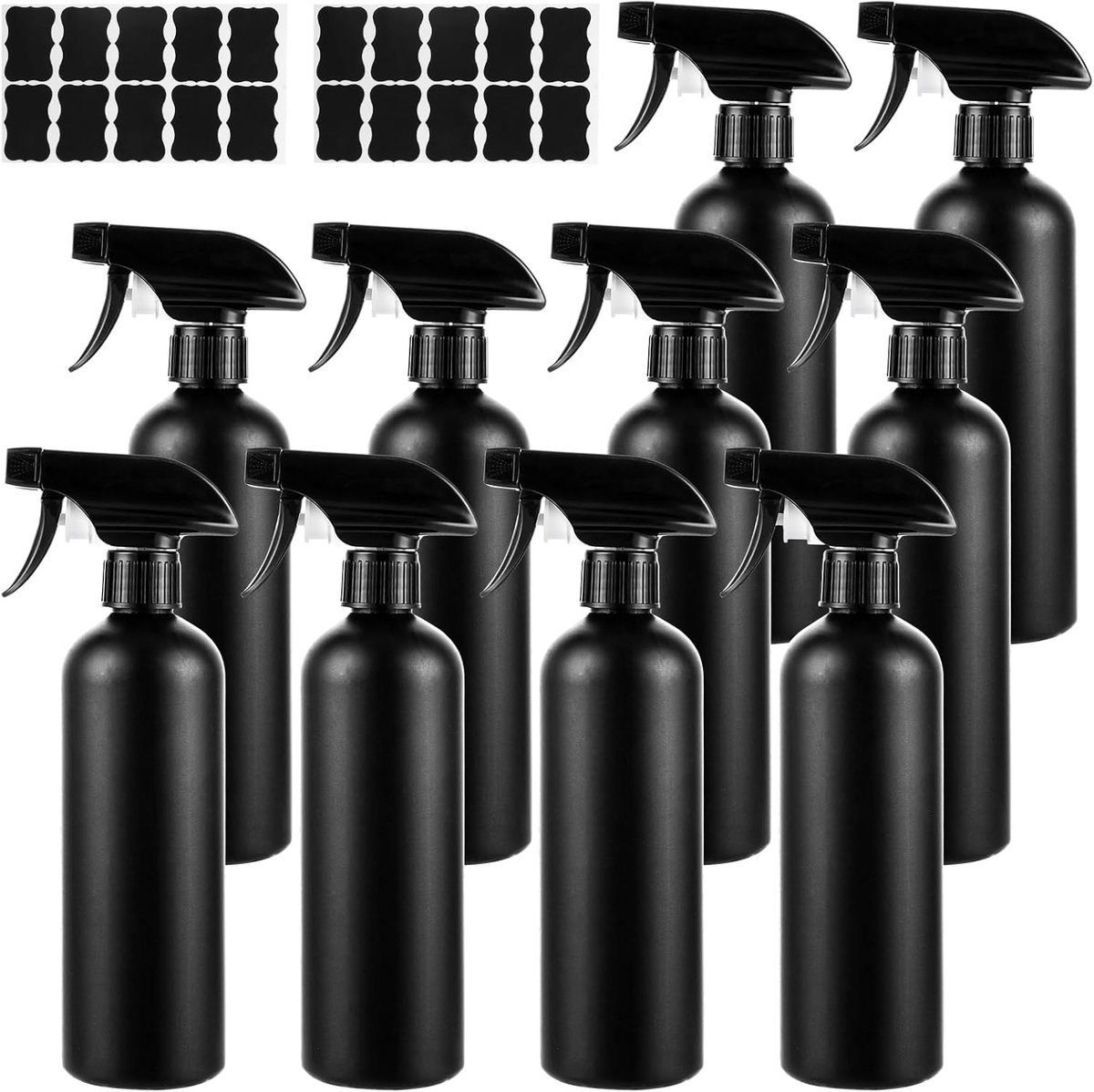 Pack of 10 Spray Bottles 500ml Black Plastic Spray Bottles, Plant Spray Bottle, Hairdressing Spray Bottles with Label - ShopVlot