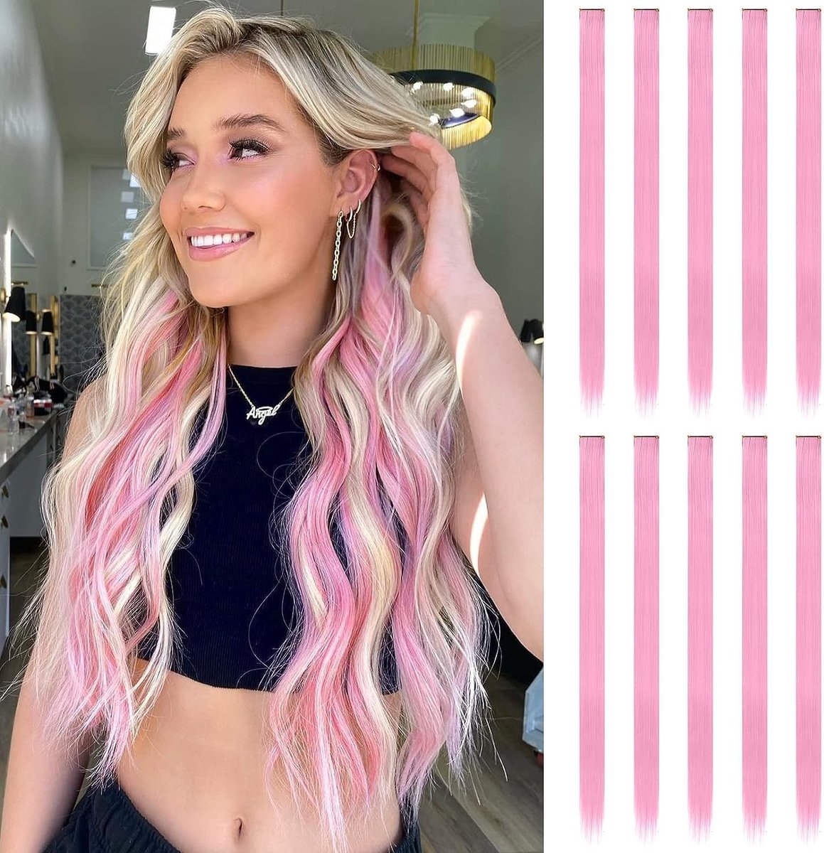 FESHFEN Colored Hair Extension, 10PCS Pink Hairpiece for Girls Princess Party Highlight Colorful Straight Hair - ShopVlot