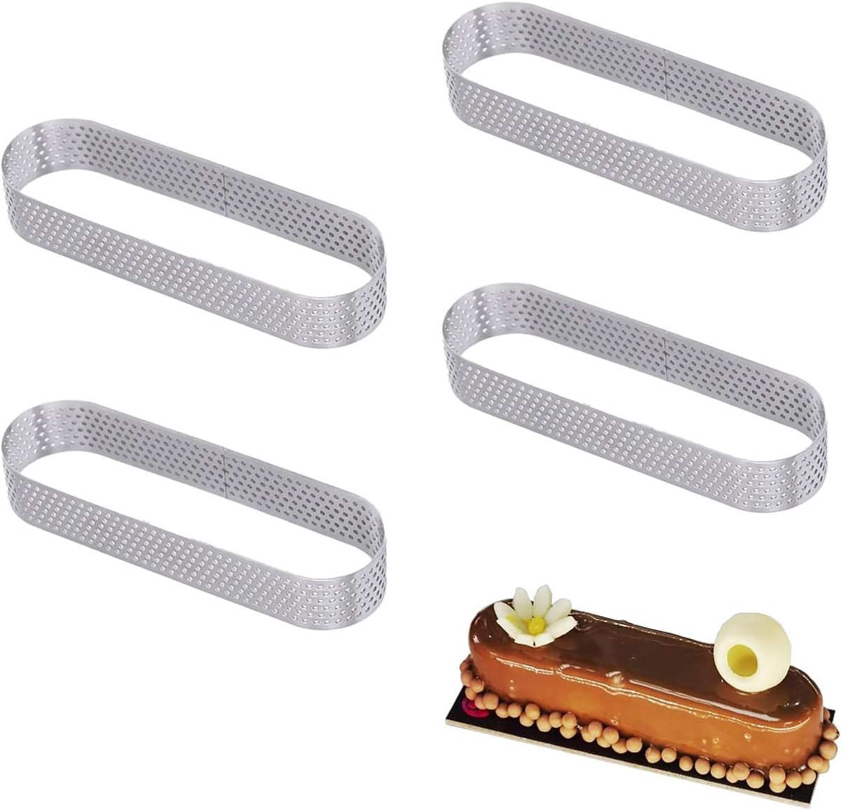 Zolara 4-delige set, ovale taartringen, dessertringen, ovaal, geperforeerde tarteletvormpjes voor knapperige bodems - ShopVlot