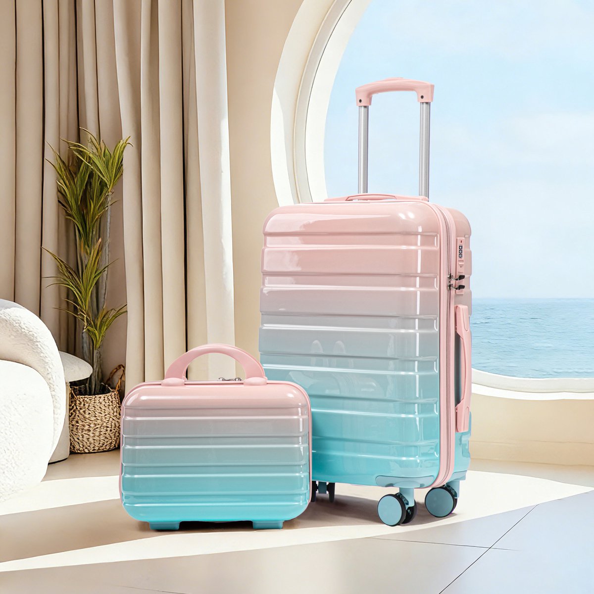 COVREO Kofferset 14 en 20 inch roze, PC hardcase met cijferslot en spinnerwielen