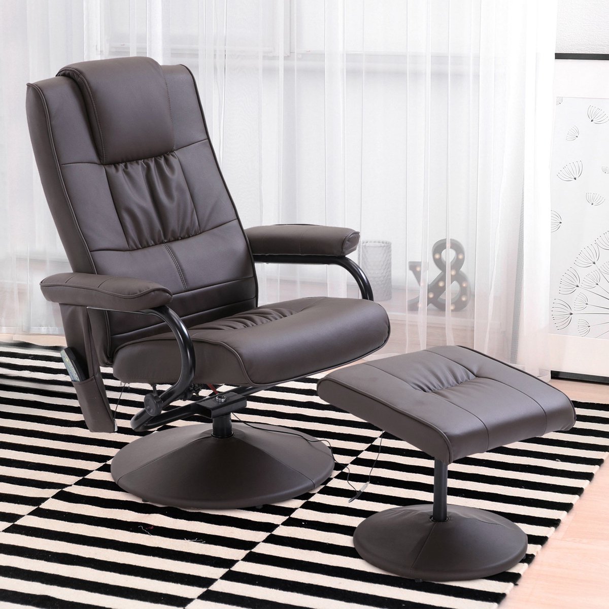 OKWISH Massagestoel 84 x 77 x 95 cm - Elektrisch Verstelbaar En Draaibaar Met Hocker - Voor Woonkamer En Ontspanning - Kunstleer - Bruin