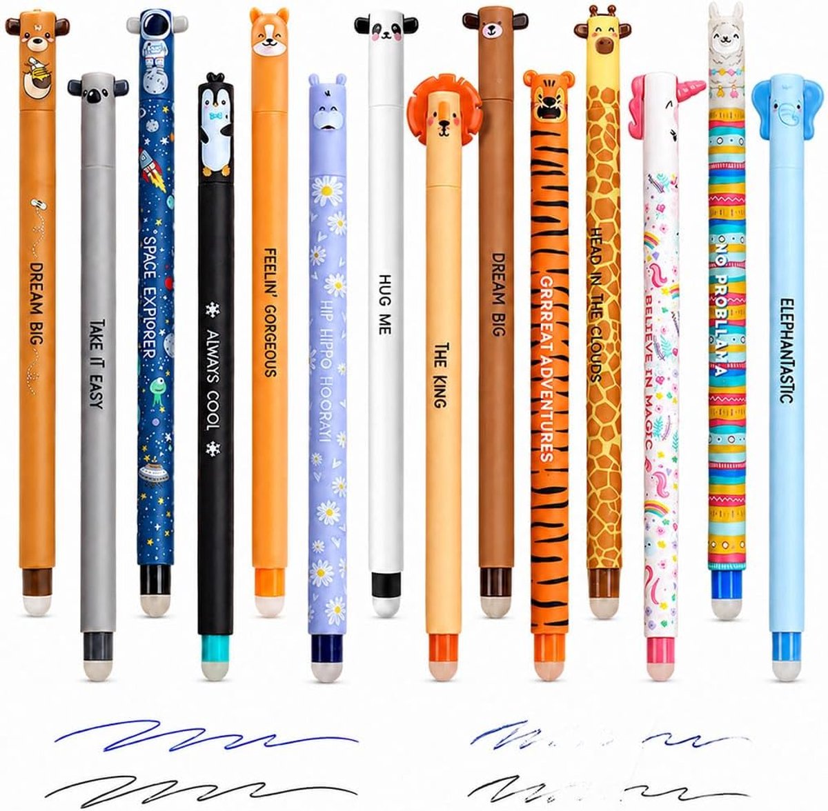 Gelpennen uitwisbaar 0,7 mm - 14 dierenmotieven - sneldrogende inkt - foutloos schrijven - ShopVlot