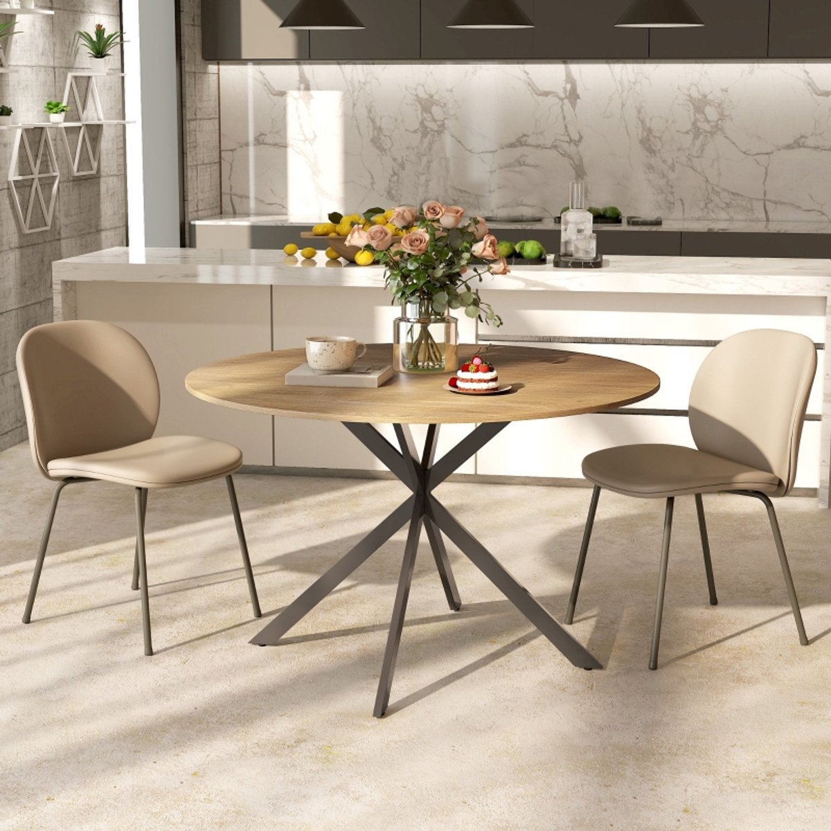 DESMIU Ronde Eettafel - Industrieel Design Met X Vormen Stalen Poten En Houtlook - Voor Woonkamer Keuken En Thuiskantoor - Hout - Eiken - 120 Cm