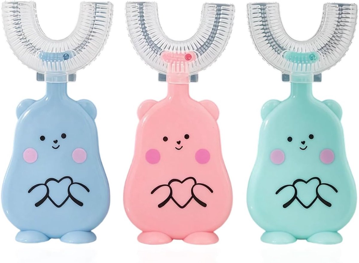 Kindertandenborstel U-vorm Soft Siliconen 360° - 3 stuks - Blauw, Roze, Groen - ShopVlot