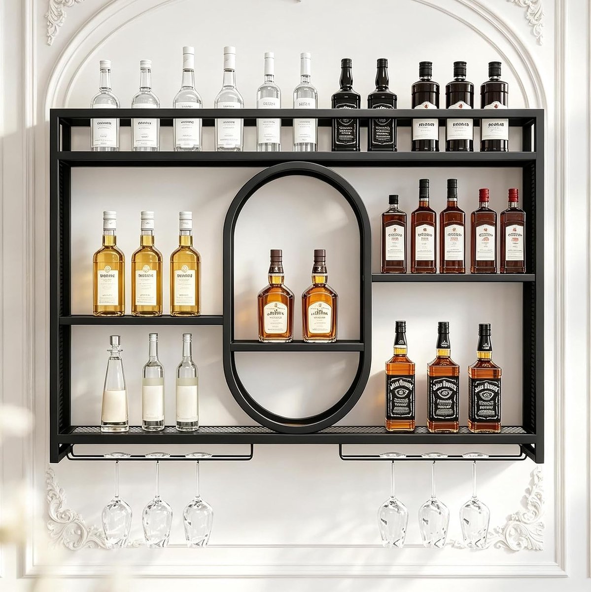 Moderne wandplank voor wijn en champagne, metalen wijnrek met 3 niveaus voor thuis en horeca (100 x 80 cm)