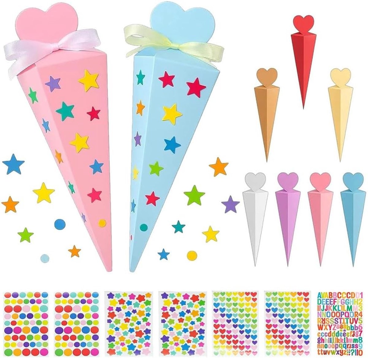 Kleine schoolzakjes met stickers - 35 opvouwbare snoepzakjes in 7 kleuren, knutselset voor personalisatie, mini-schoolzakjes voor kinderen