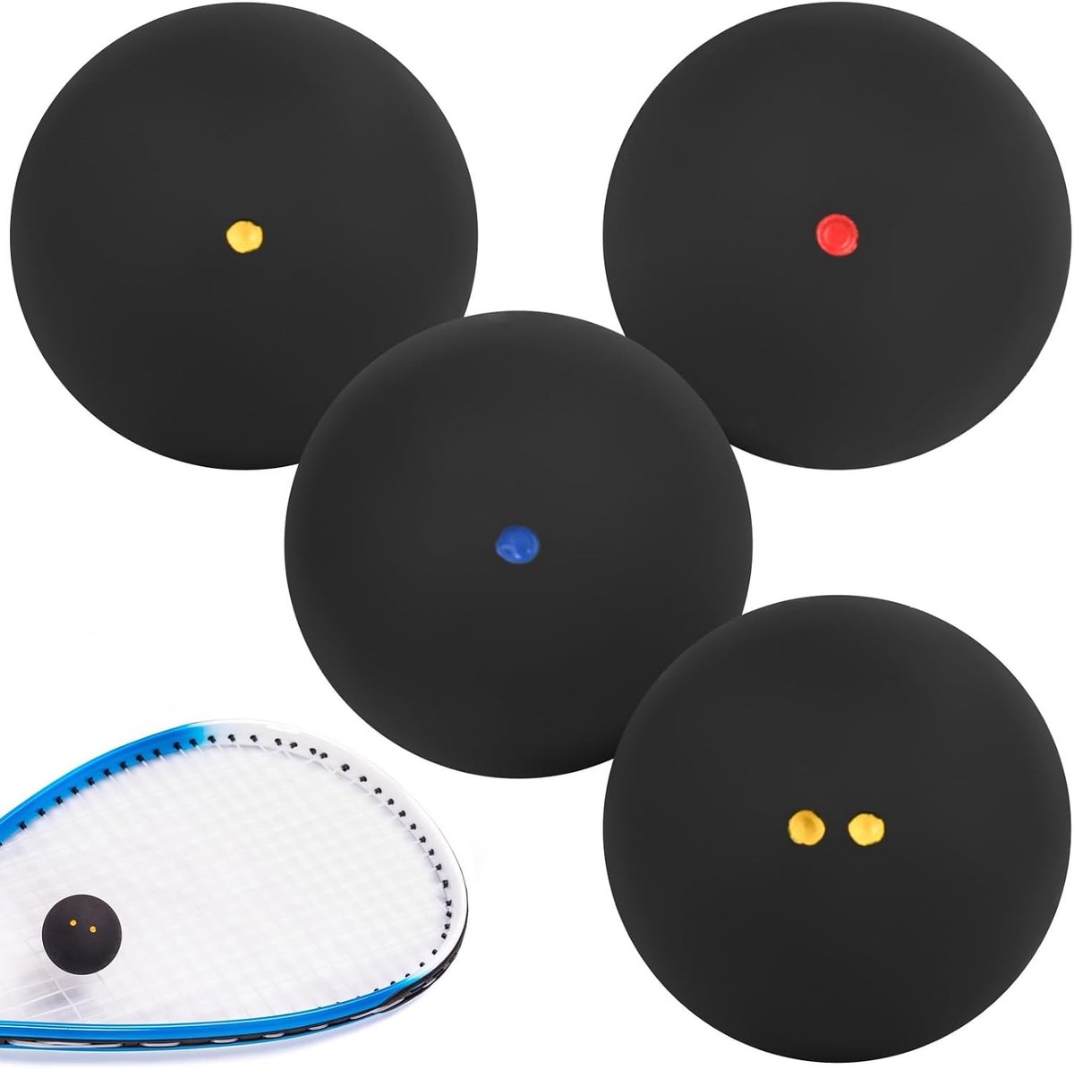 Set van 4 Squashballen voor Beginners en Training, Hoge Stuit, Geschikt voor Wedstrijden, Dubbele Gele Dots, Enkele Rode en Blauwe Dots