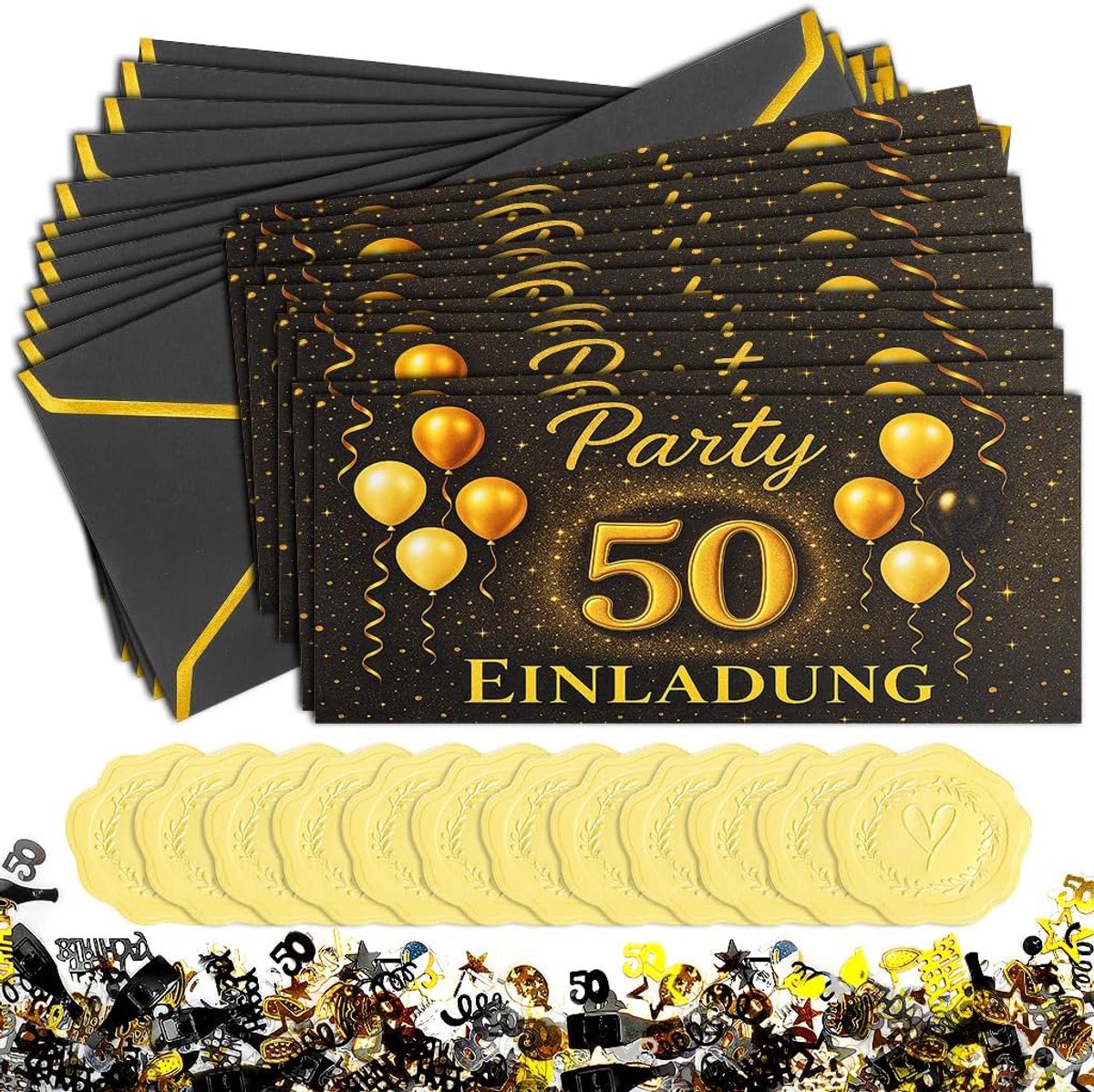 Verjaardagsuitnodigingen zwart goud - 12 kaarten met enveloppen en linten - luxe design voor feestelijke gelegenheden - ShopVlot
