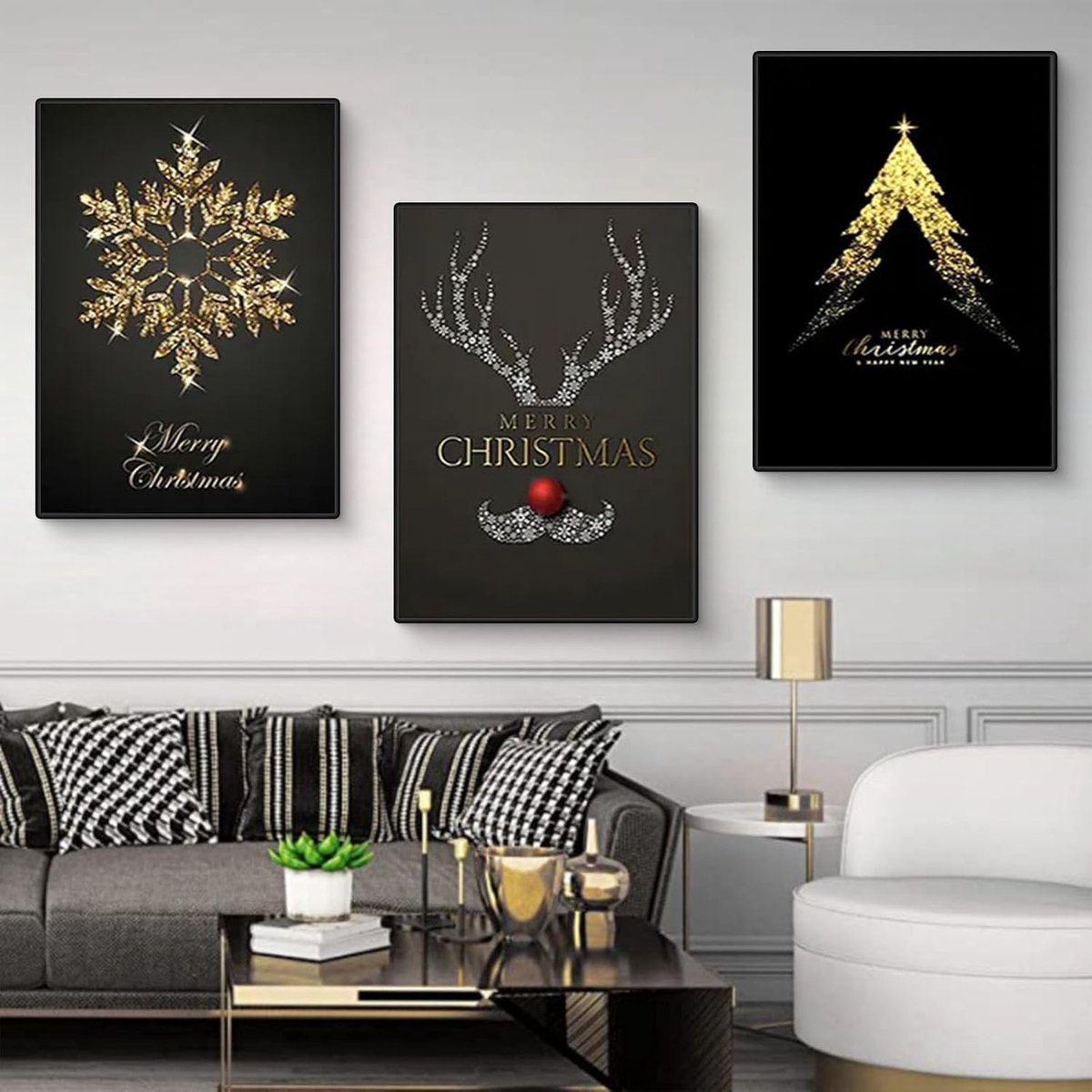 TROYSINC 3-Piece Christmas Poster Set Winter Pictures Black Gold Christmas Tree Snowflakes Reindeer Wall Art Wall Art - ShopVlot