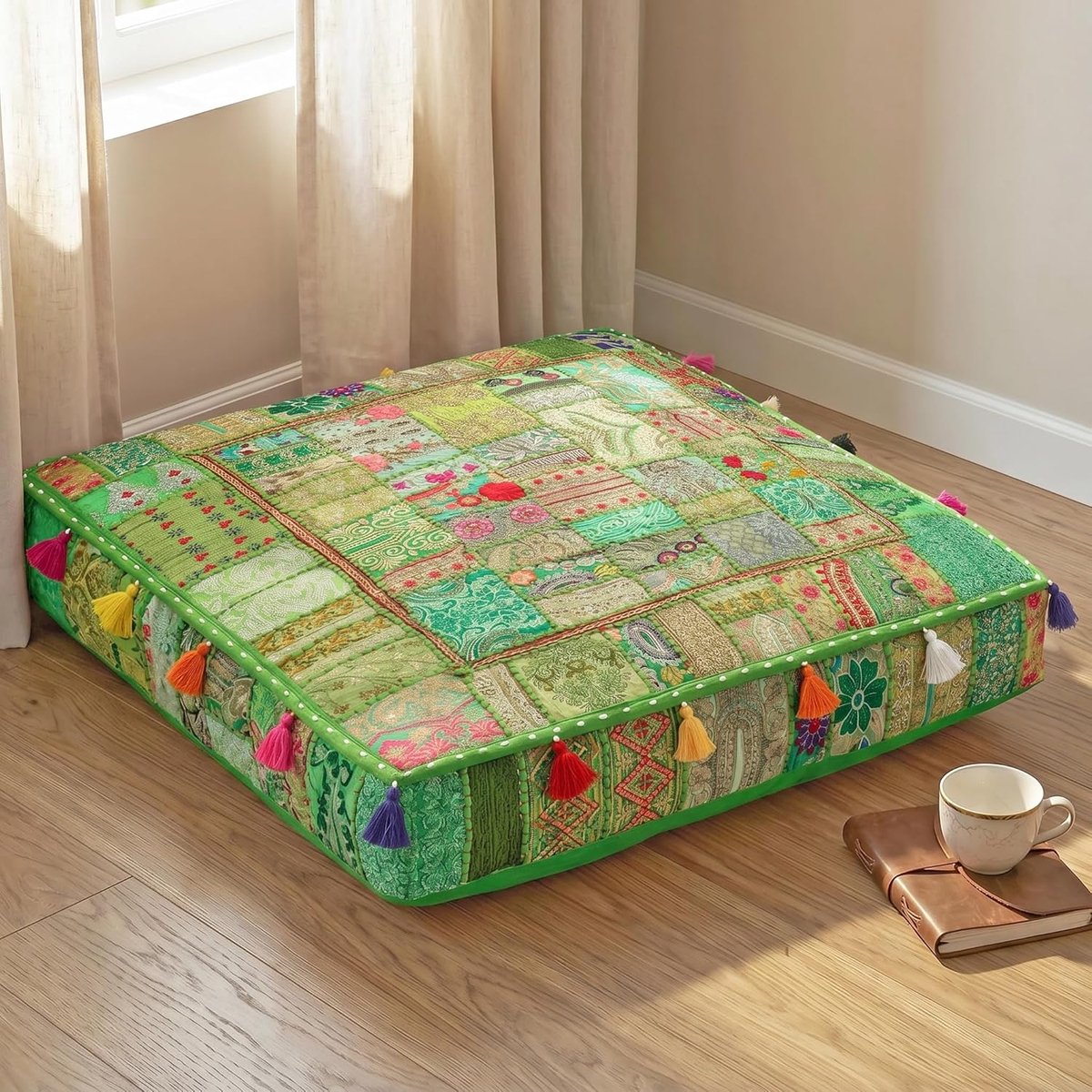 THE ART BOX 88x88x12 Cms Vintage Patchwork Large Outdoor Floor Cushions Covers Large Dog Bed Garden Decor Yoga Seat - ShopVlot