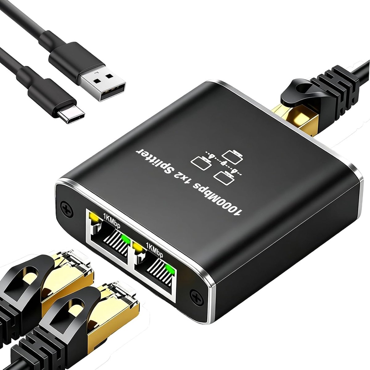 Ethernet-switch, 2 poorten, 1000 Mbps, met USB-kabel, 1 tot 2 Ethernet-stekkerdoos, RJ45, splitter voor computers - ShopVlot