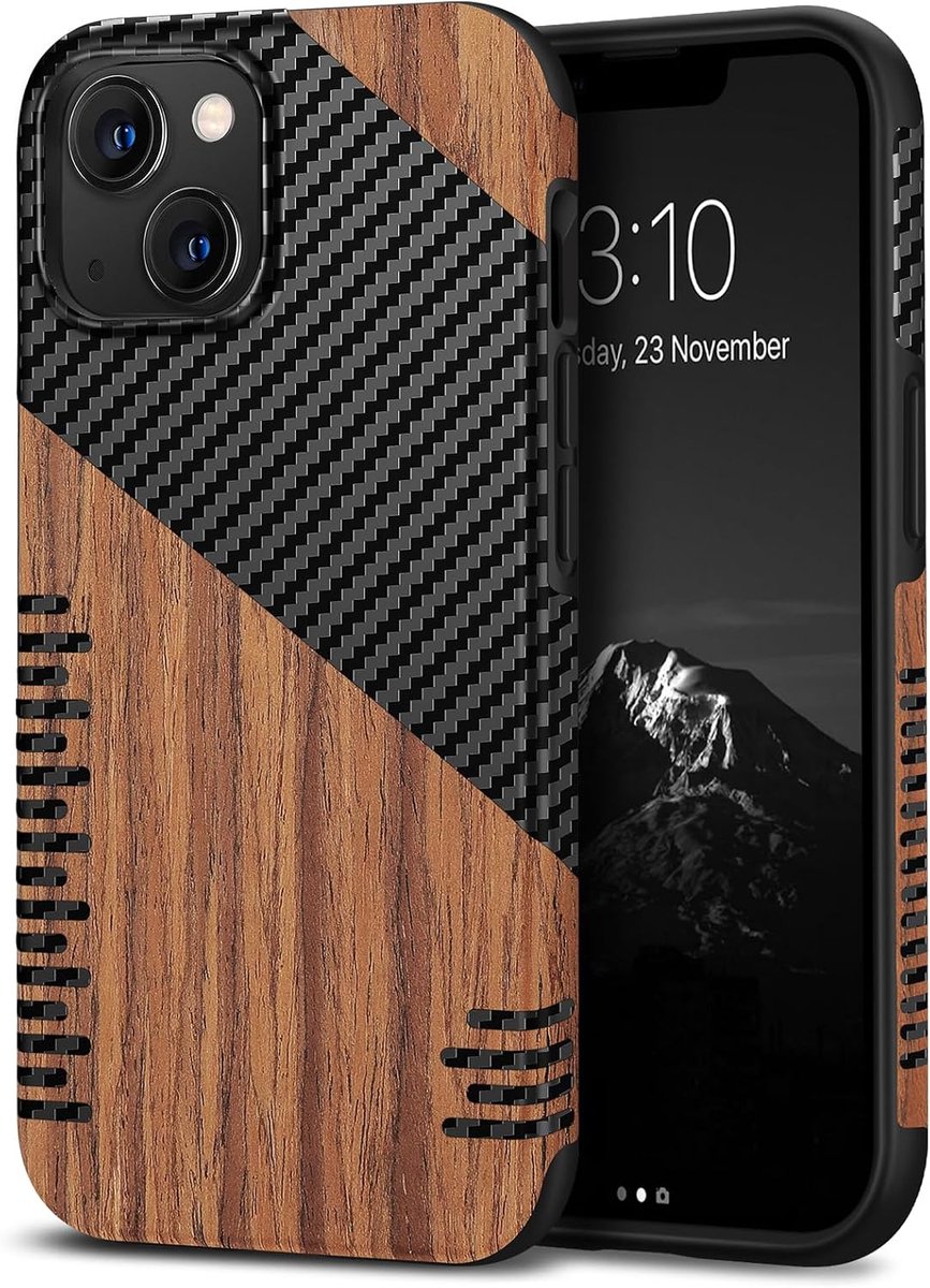 TENDLIN Compatible with iPhone 13 Case Wood Grain Carbon Fiber Texture Design Leather Hybrid Slim Case (Taker) - ShopVlot