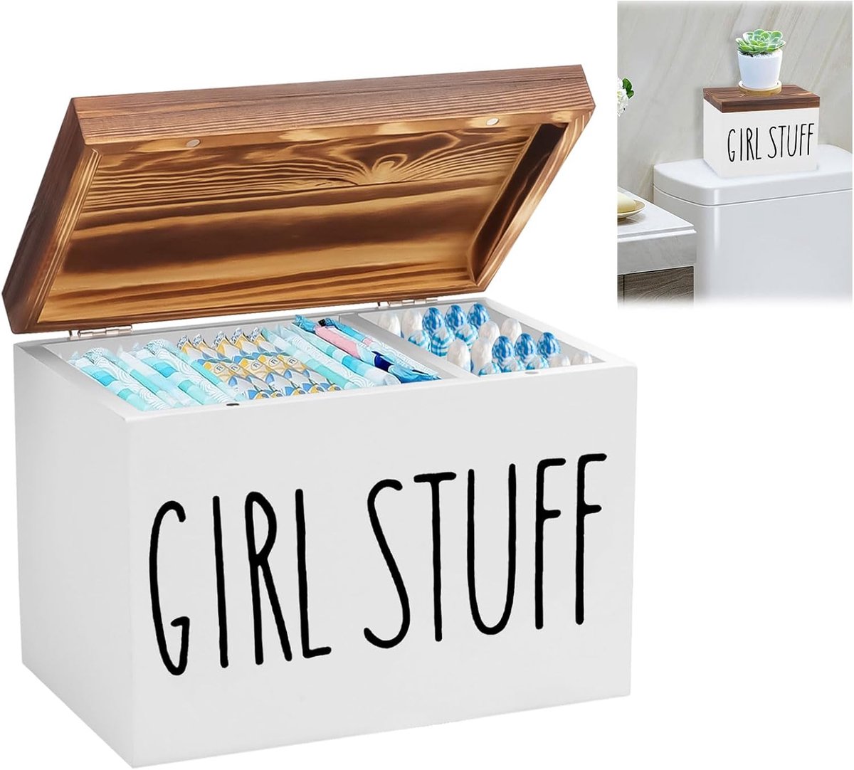 Binding Storage Bathroom, Wooden Storage Box Hygiene Products, 2 Compartments Tampon Holder for Bathroom with Lid - ShopVlot