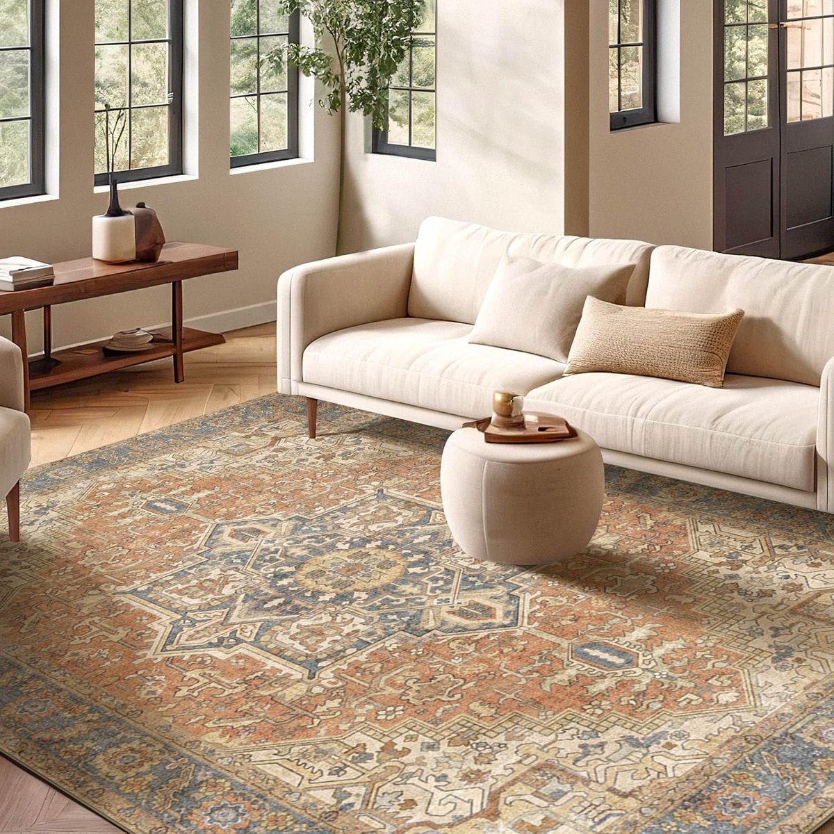 Kokia Abstract Rug 200 x 290 cm Washable Vintage Oriental Rug Medallion Pattern Soft Non-Slip Stain Resistant Flat - ShopVlot