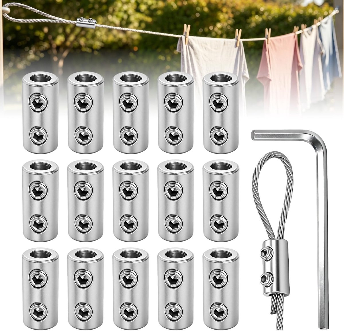Pack of 15 Wire Rope Clips for 1.5-2 mm Wire Rope Cable, 2 Hole Cable Clamp, Practical Clothesline Tensioner, Stable - ShopVlot