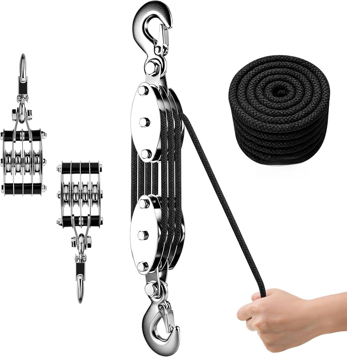 Pulley Set, 2000 kg Breaking Load, 8:1 Hand Cable with 20 m Nylon Rope, 300 kg WLL, Pulley incl. Lifting Straps, Links - ShopVlot
