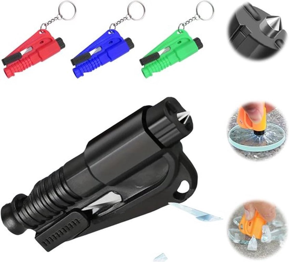 Set van 4 praktische autosleutelhangers met gordelsnijder en ruitenbreker, compacte noodhamers voor snelle hulp en veiligheid onderweg