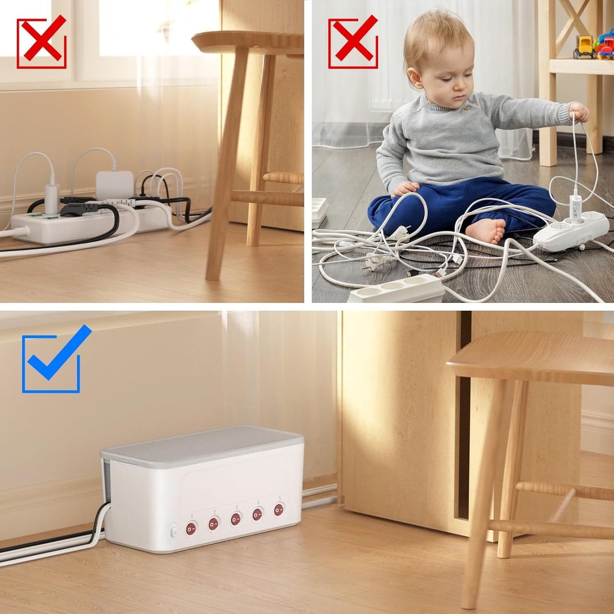 Kabelmanagement Box met Stekkerdoos - Wit - 29 x 14 x 14 cm - Brandwerende Kabel Organizer met USB en Schakelaars - Voor Thuis en Kantoor