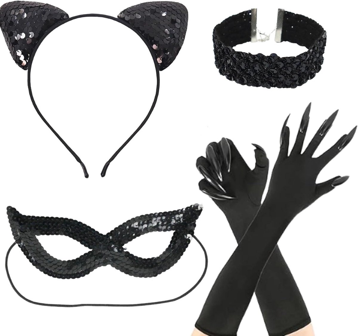 Catwoman kledingaccessoires set voor volwassenen - glanzende kattenoren - masker en halsband - ideaal voor Halloween - ShopVlot
