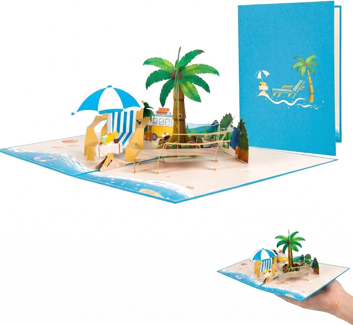 3D pop-up kaart strand - kleurrijk ontwerp - perfect voor verjaardag en vakantie - ShopVlot