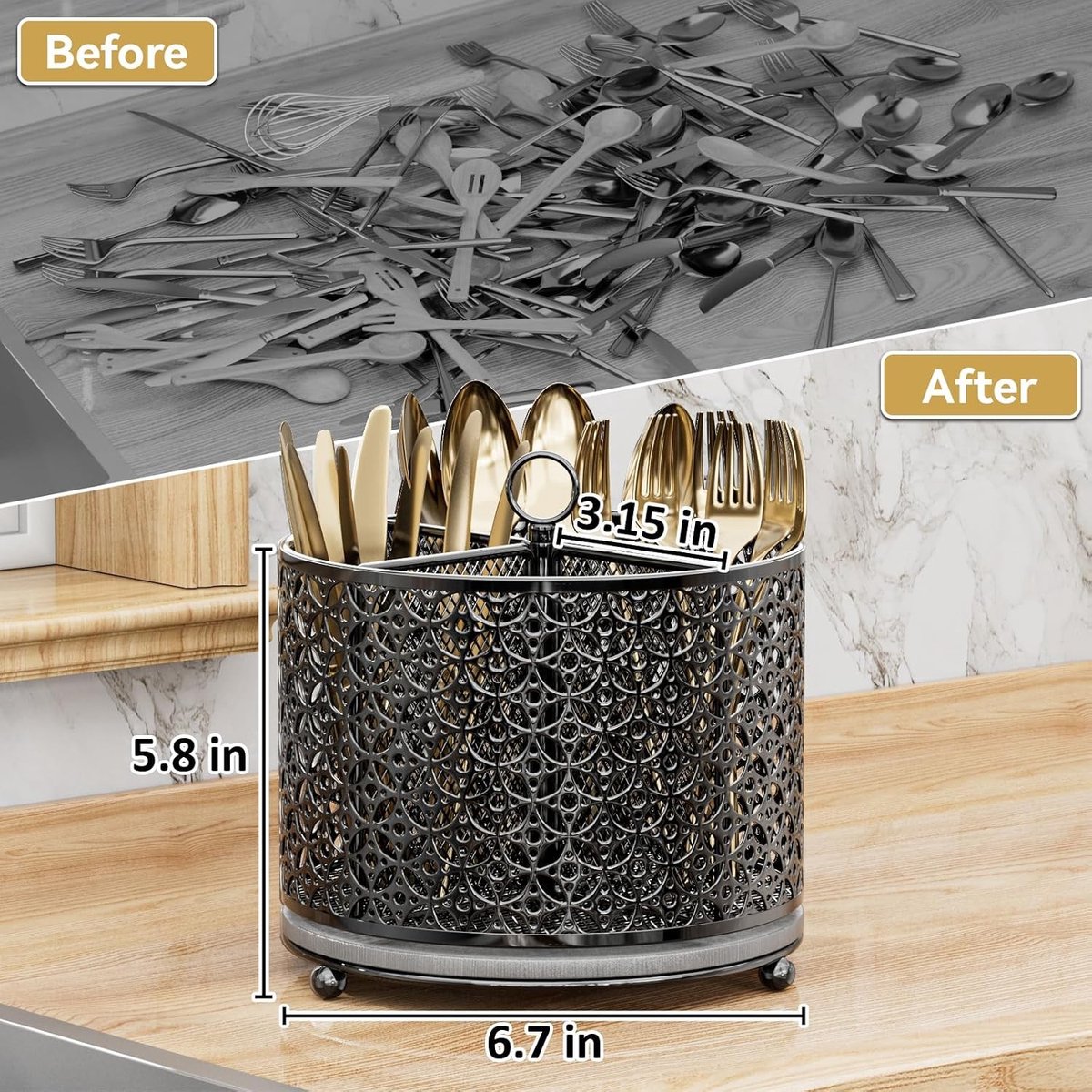 Bestekhouder - Zwart - 17 x 17 x 14,7 cm - 360° Draaibare Organizer met Sneldrogende Ondergrond - Voor Keuken en Kantoor