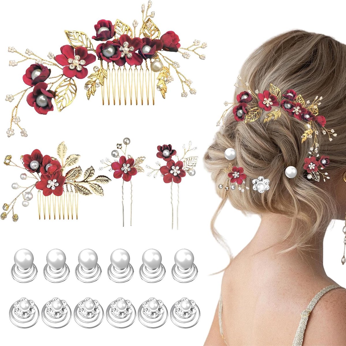Haaraccessoires set 16-delig - bordeaux kleur - bloemen en parelspelden - elegant voor bruiden - ShopVlot