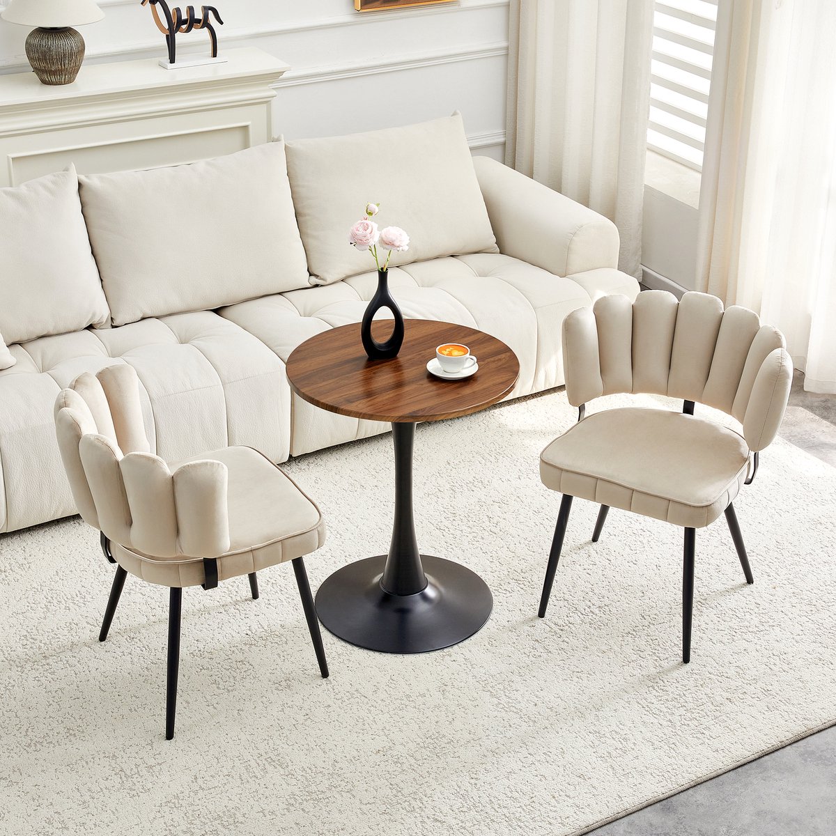 COVREO Tafel en stoelen set 60 cm, light coffee zwart, MDF metaal, 2 stoelen
