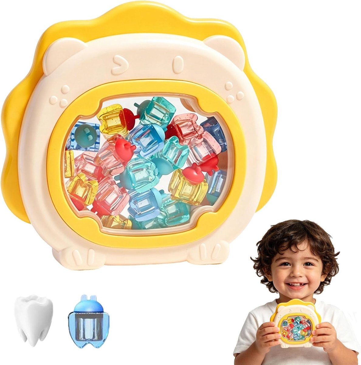1 melktandendoos, leeuw, geel, 20 vakken, opbergdoos, wensglas voor kinderen, met stickers en notitieblaadjes - ShopVlot