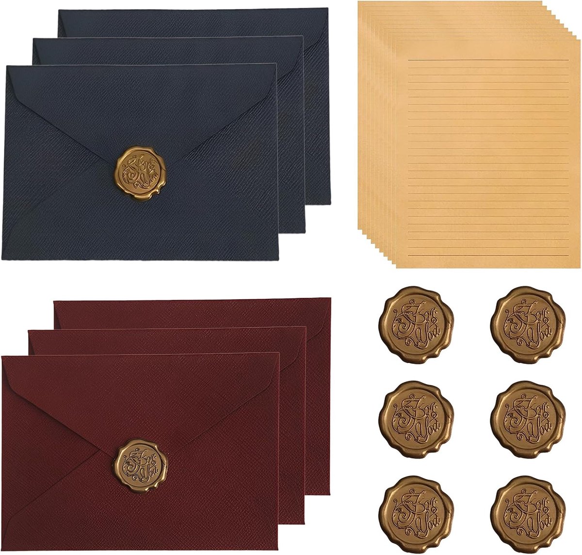 Briefpapier met envelopset, 10 vellen vintage briefpapier, A5, gelinieerd, met 6 enveloppen en 6 waszegelstickers - ShopVlot