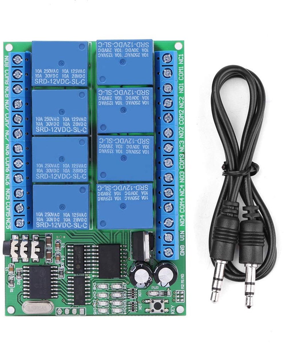 12V 8CH DTMF relais telefoon decoder met afstandsbediening, audio kabel en compacte afmetingen voor slimme schakelaars