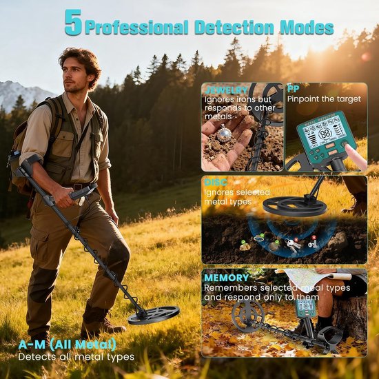 Professionele Metaaldetector Set met 5 Modi voor Kinderen en Volwassenen, Waterdichte Spoel, Hoge Precisie en Pinpoint Functie voor Nauwkeurige Zoektochten — afbeelding 3