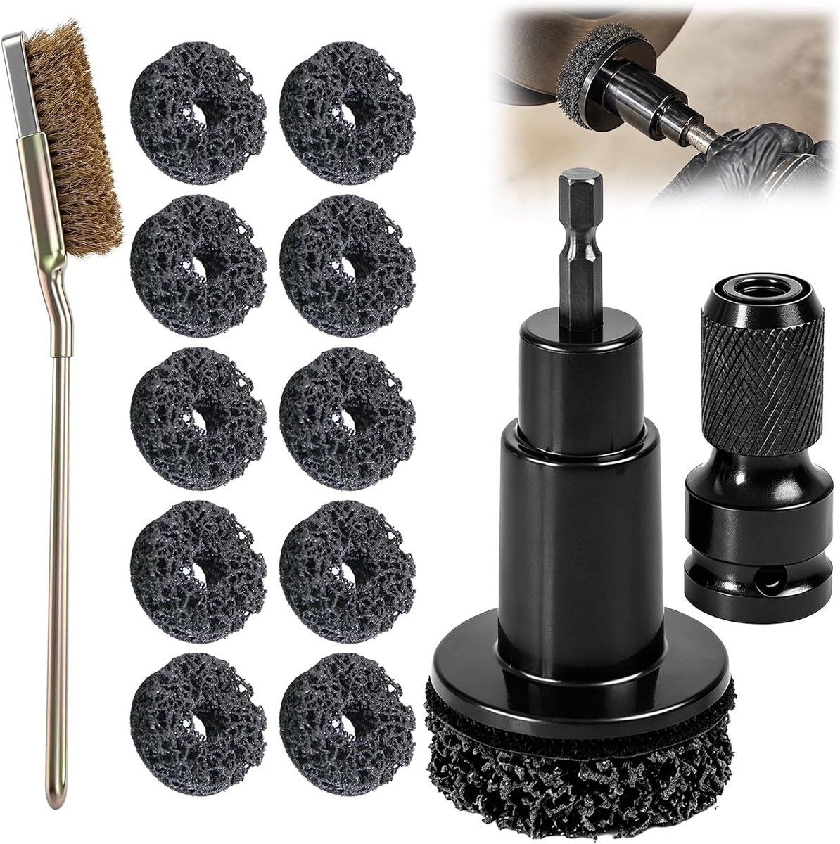 Wielnaafreinigingsgereedschap, velgenreparatieset met 1/2 inch slagmoeradapter en 5 verwisselbare schuurpads - ShopVlot