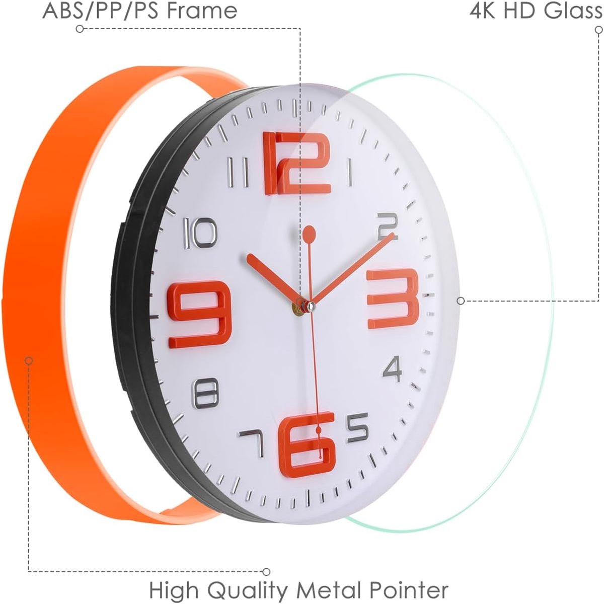 Topkey Silent Wall Clock Kitchen 12 Inch Retro Non-Ticking Decorative Bedroom Office Wall Clock -Orange - ShopVlot