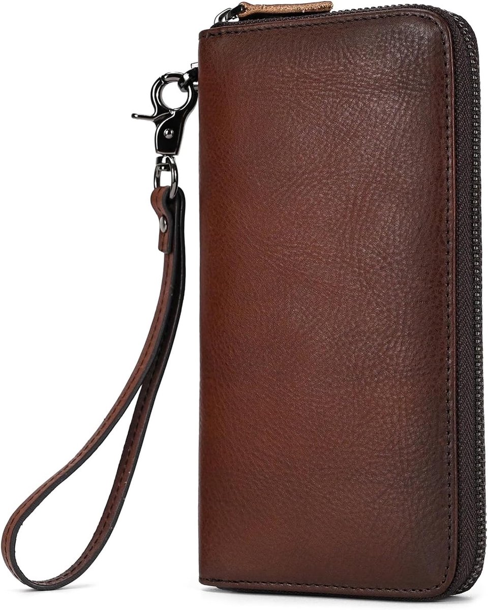 LUUFAN Genuine Leather Long Wallet Large Capacity Zipper Round Wallet Clutch Bag Handbag Pouch Cash Credit Cards Phone - ShopVlot