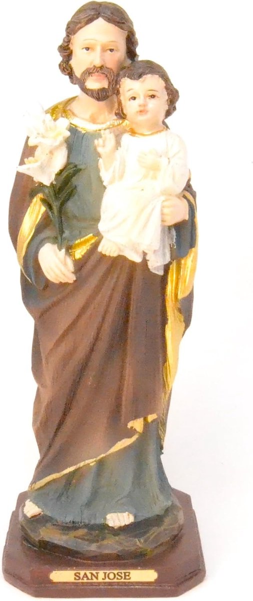 Genérico San Jose Katholiek religieus beeldje, decoratiefiguur Christus, bruin en blauw, 21 cm, houten sokkel - ShopVlot